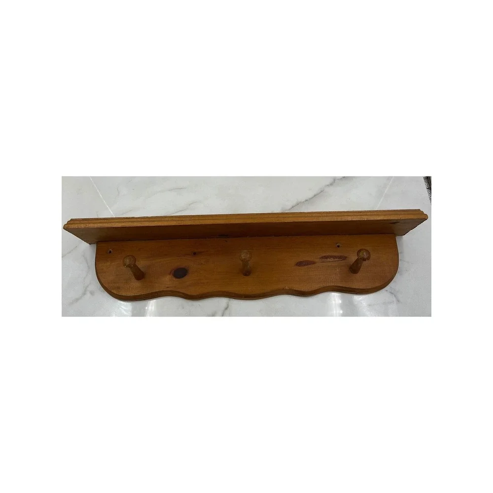 Vintage Pine Wood Wall Shelf with 3 Pegs Scalloped Edge 24 Inch Made in USA